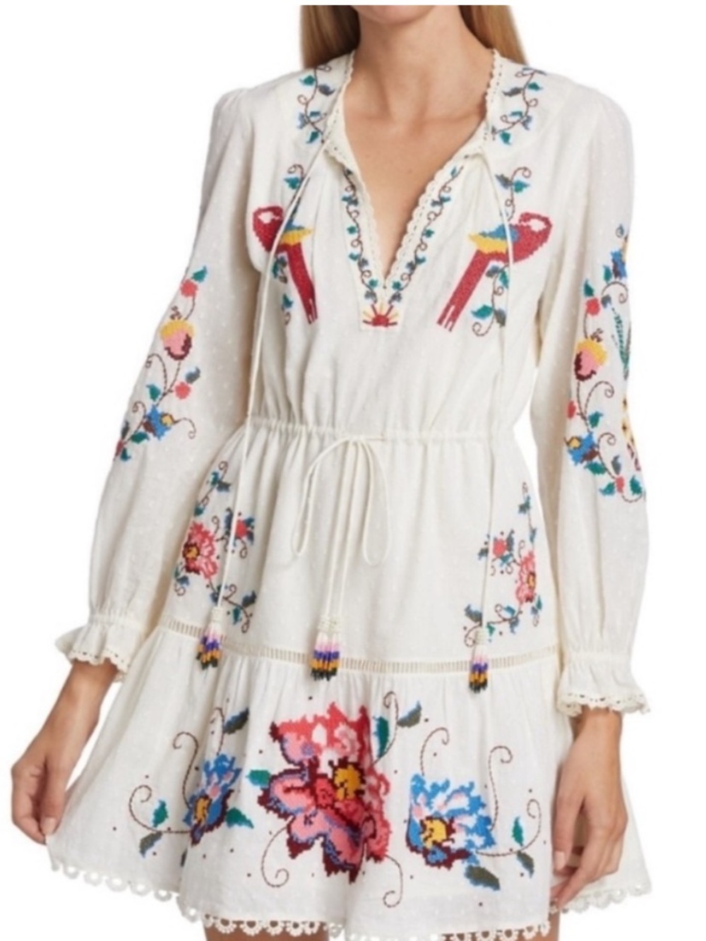 FARM Rio Macaw Cross Stitch Embroidery Long Sleeves Mini Dress S Small